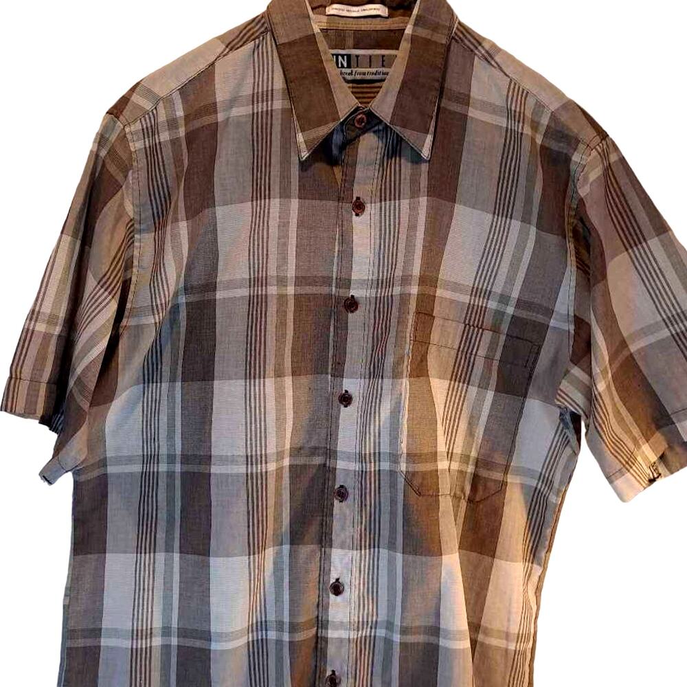Untied Men's Button-Up Shirt Multicolor Plaid Short Sleeve Point Collar Pocket M